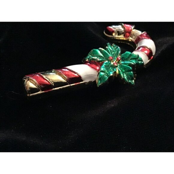 Vintage AAi Gold-Tone Enamel Christmas Candy Cane with Holly leaves  Signed - Picture 8 of 10